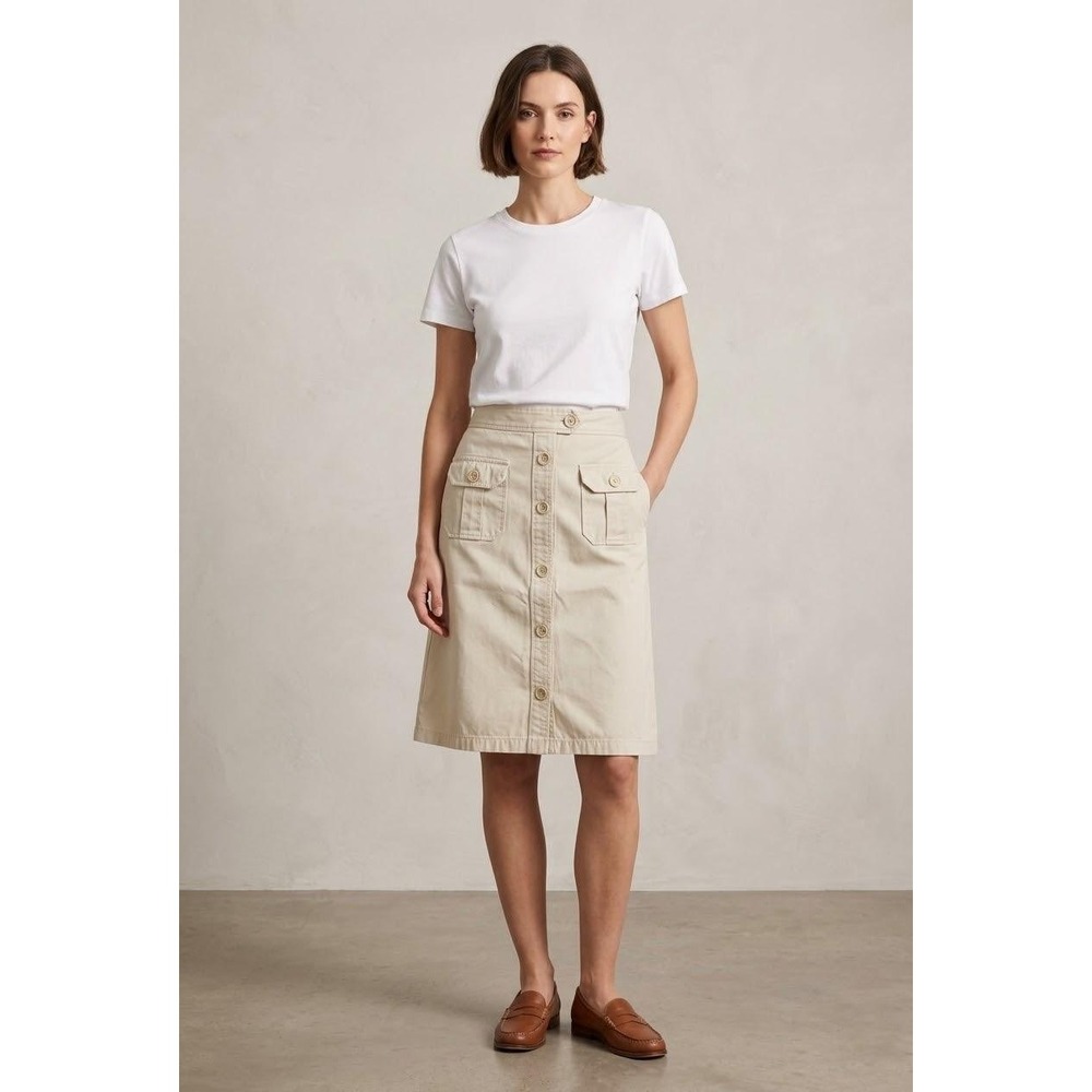 VTG Gap Button Front Skirt Women 4 Beige Cotton Twill Utility Midi A-Line
